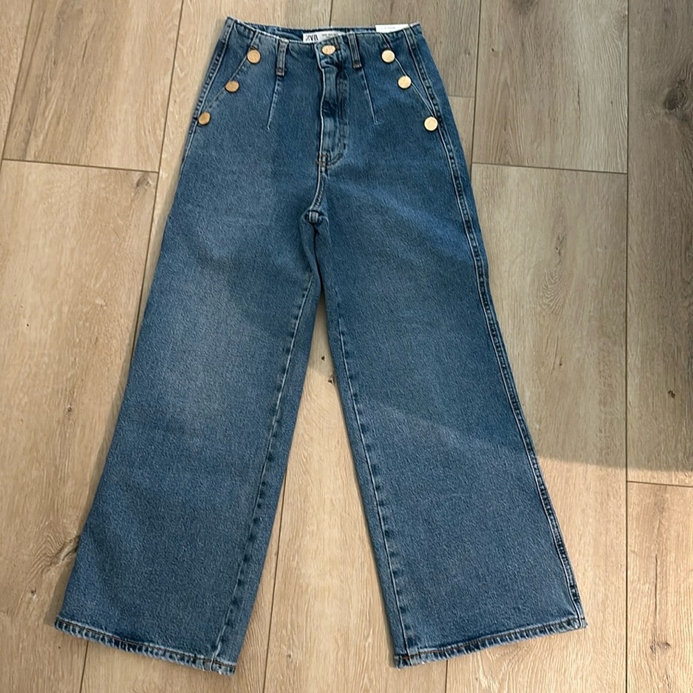 Zara High Waisted Sailor buttons wide leg cropped comfort jeans size 2